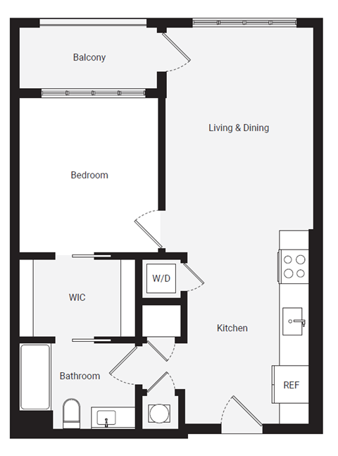 Floor plan for 1 bed, 1 bath, 652 sqft
